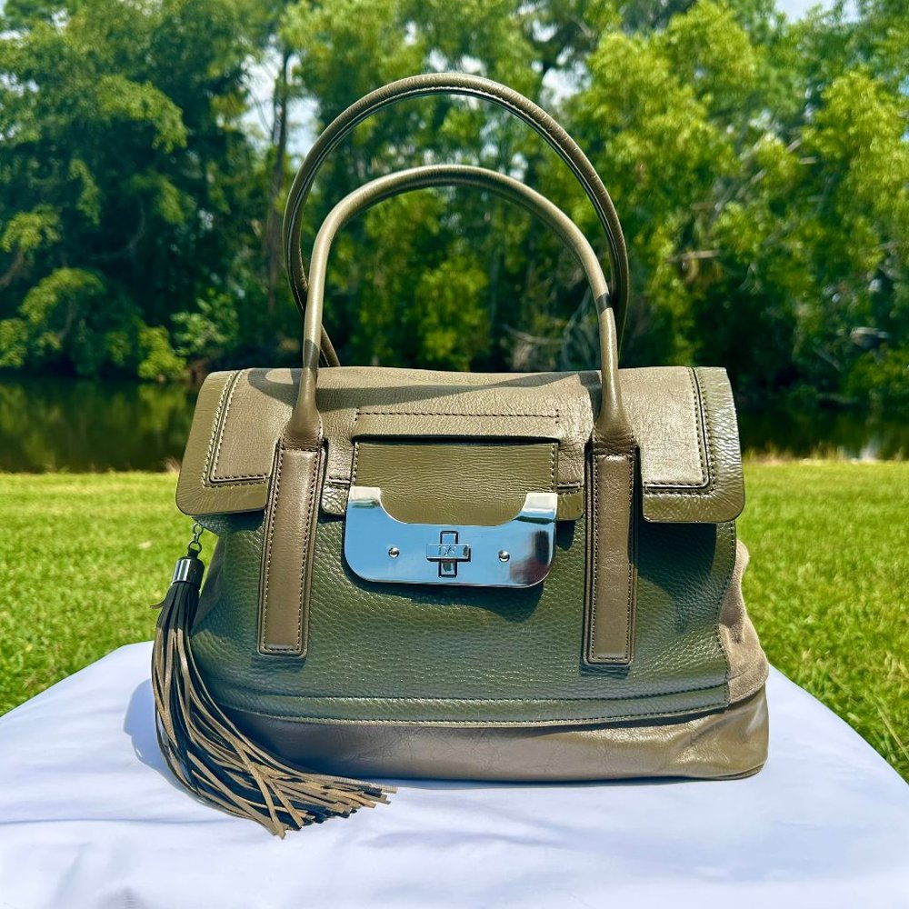 DVF Diane Von Furstenberg Harper Laurel Leather 2Tone Camo Green Shoulder Bag